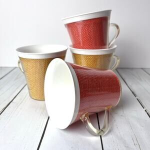 Set of 4 Vintage Raffia Burlap Coffee Mugs Insulated Cups White & Clear Plastic